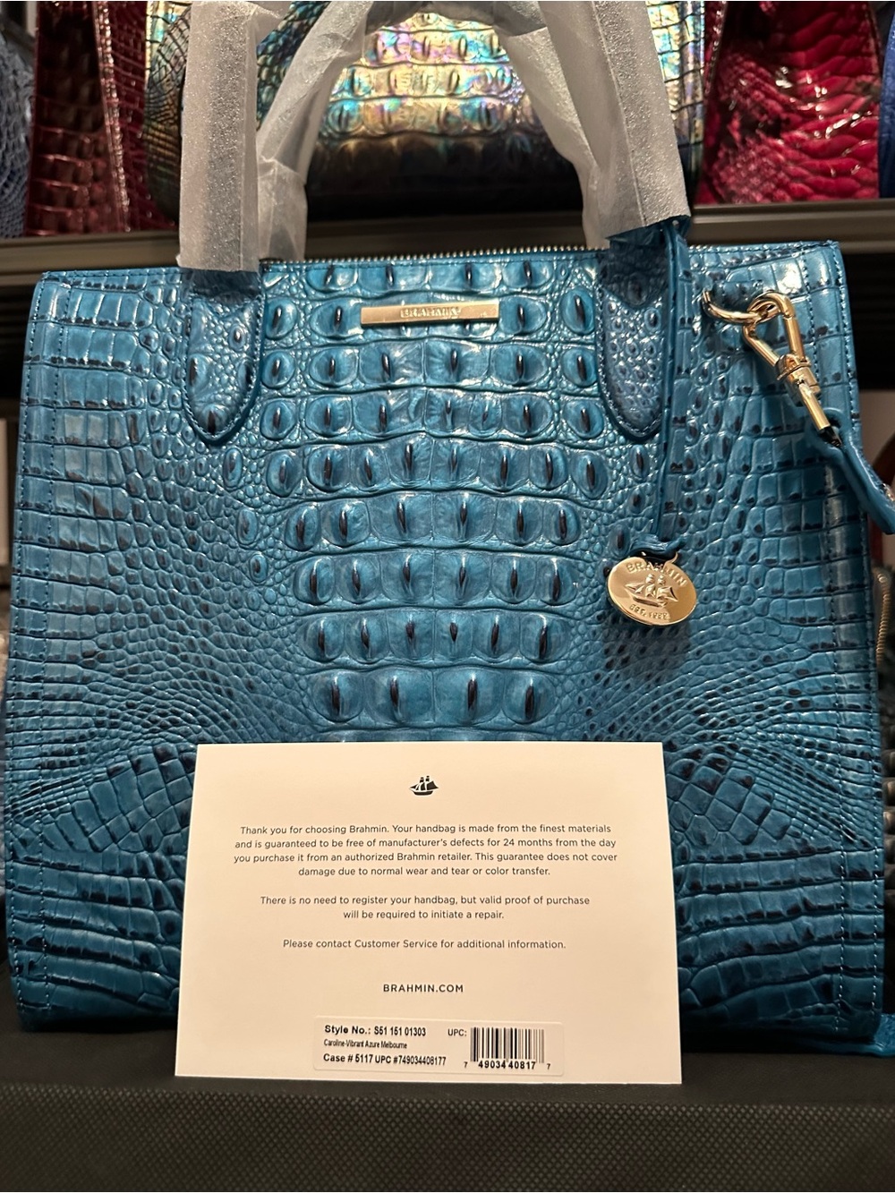❄️ Brahmin Vibrant Azure Large Caroline Teal Leather Tote with Gold Accents